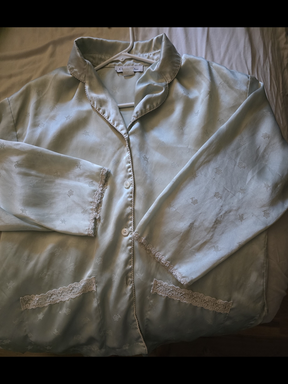 Dior Light Blue Satin Pajama Top with Lace Trim- Vintage